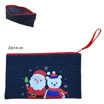 Pochette tissu jean décor Noel+SET DE  4 CRAYONS