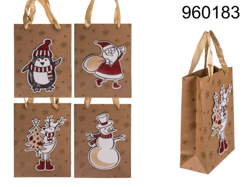 Sac cadeau papier kraft motif de noel en 3d assort